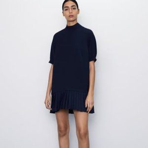 NWT Zara Pleated Hem Navy Dress